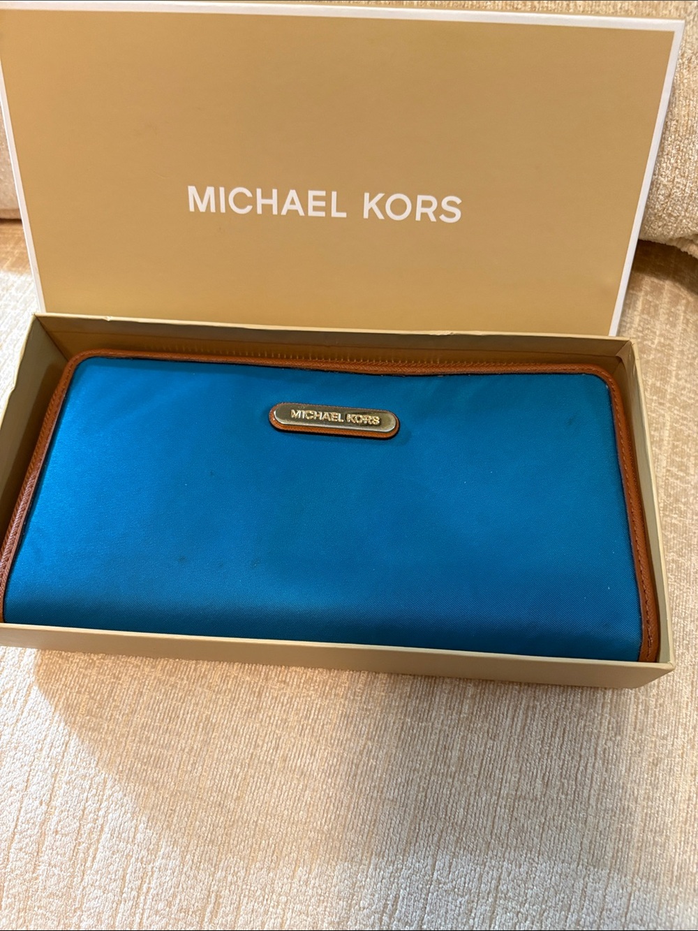 Michael Kors Teal Zip-Around Wallet with Brown Trim - Picture 14 of 14